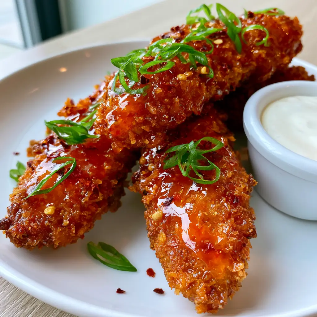 Spicy Honey Chicken Tenders: Extra Crispy Panko Recipe 1 Close up of shimmering translucent amber-orange glaze on spicy honey chicken tenders with chili flakes.