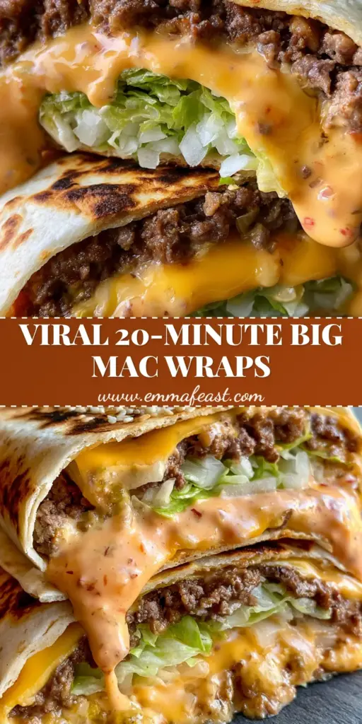 Big Mac Wraps with Crispy Tortillas and Secret Sauce 4 A close-up vertical shot of two Big Mac wraps sliced in half showing juicy beef, melted cheese, and dripping pink sauce. (big mac wraps)