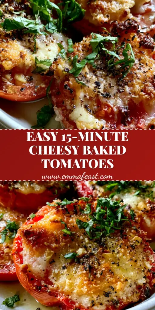 Extreme close-up of Baked tomatoes with cheese in a white dish featuring a golden brown toasted garlic and parmesan crust with fresh basil garnish.