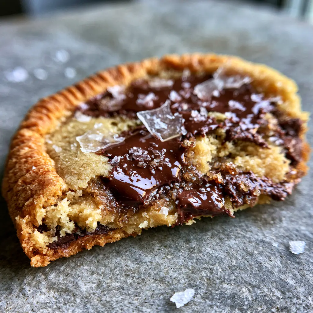 Extreme macro close-up of salted caramel cookies showing toasted golden edges and flaky sea salt crystals catching the light.