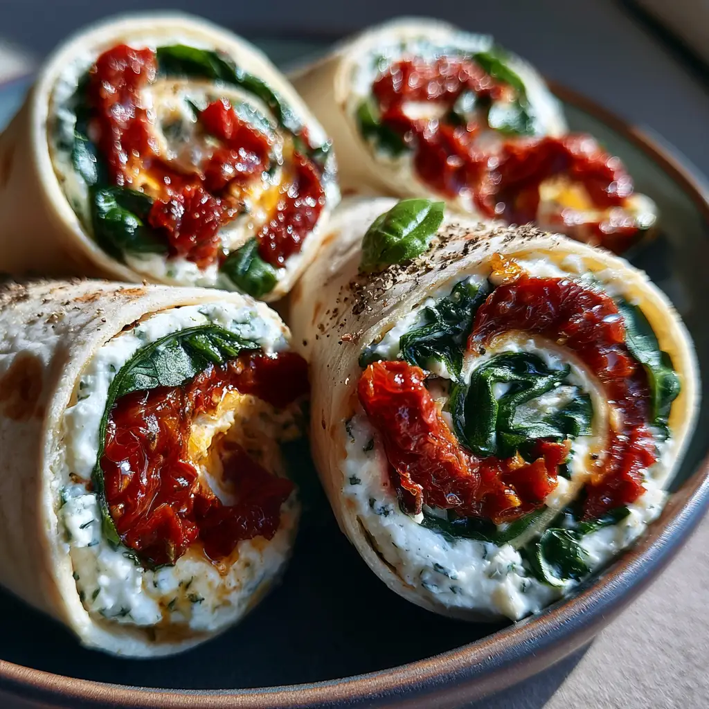 Overhead smartphone shot of sun-dried tomato basil roll-ups arranged on a ceramic plate.