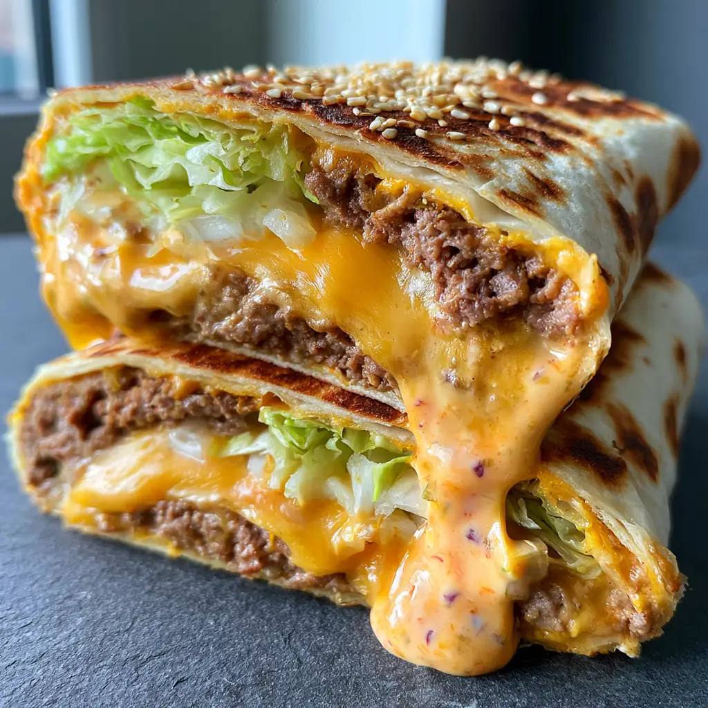 Big Mac Wraps with Crispy Tortillas and Secret Sauce 2 A smartphone photo of stacked big mac wraps with melted cheddar and finely diced white onions. (big mac wraps)