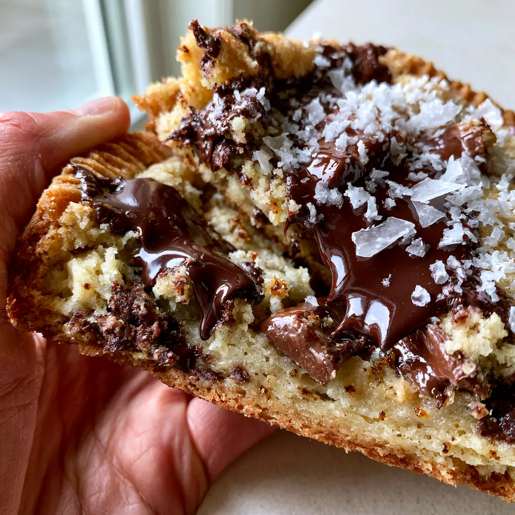 POV handheld photo of a person breaking open a massive crispy chewy chocolate chip cookie to reveal a dense, fudgy, underbaked center and dark chocolate chunks.