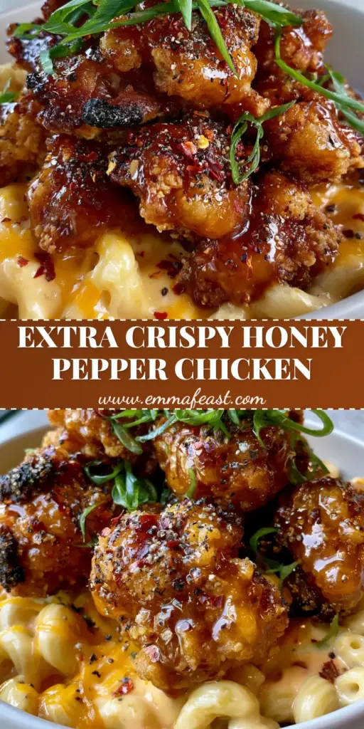 A handheld smartphone photo of crispy honey chicken bites with a glistening amber glaze piled on creamy cavatappi mac and cheese in a matte white bowl. (honey chicken)