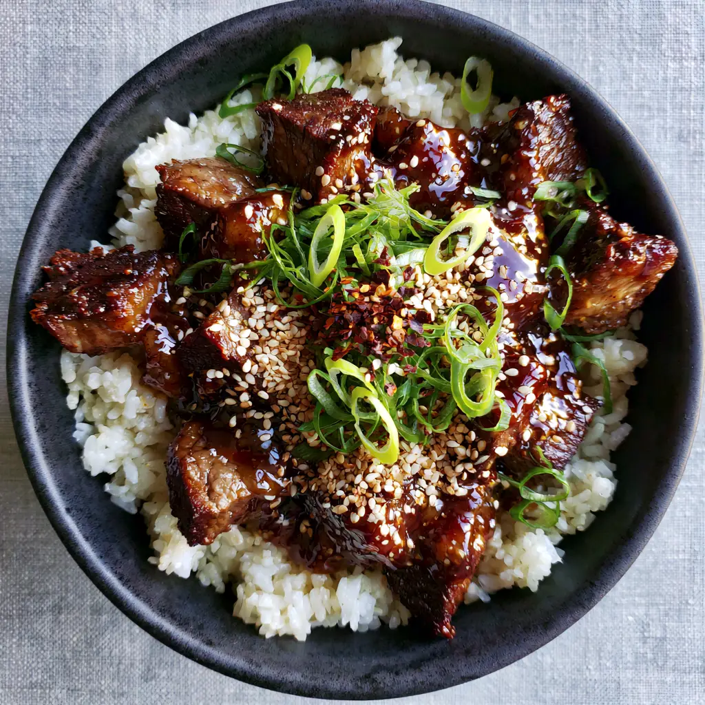 Sticky Honey Garlic BBQ Steak Rice served in a matte black bowl with fluffy jasmine rice and toasted sesame seeds.