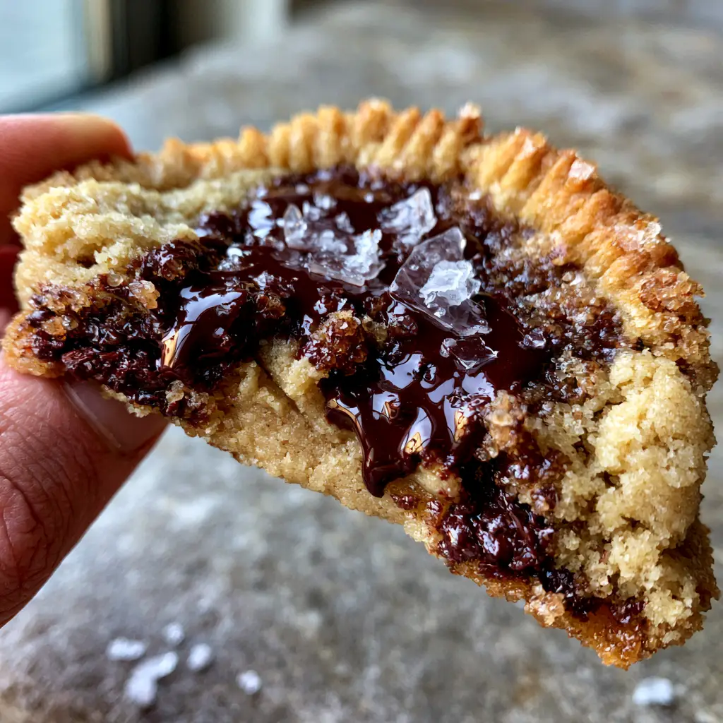 Close up of a chewy chocolate chip cookie with melted dark chocolate chunks and a pale tan doughy middle.