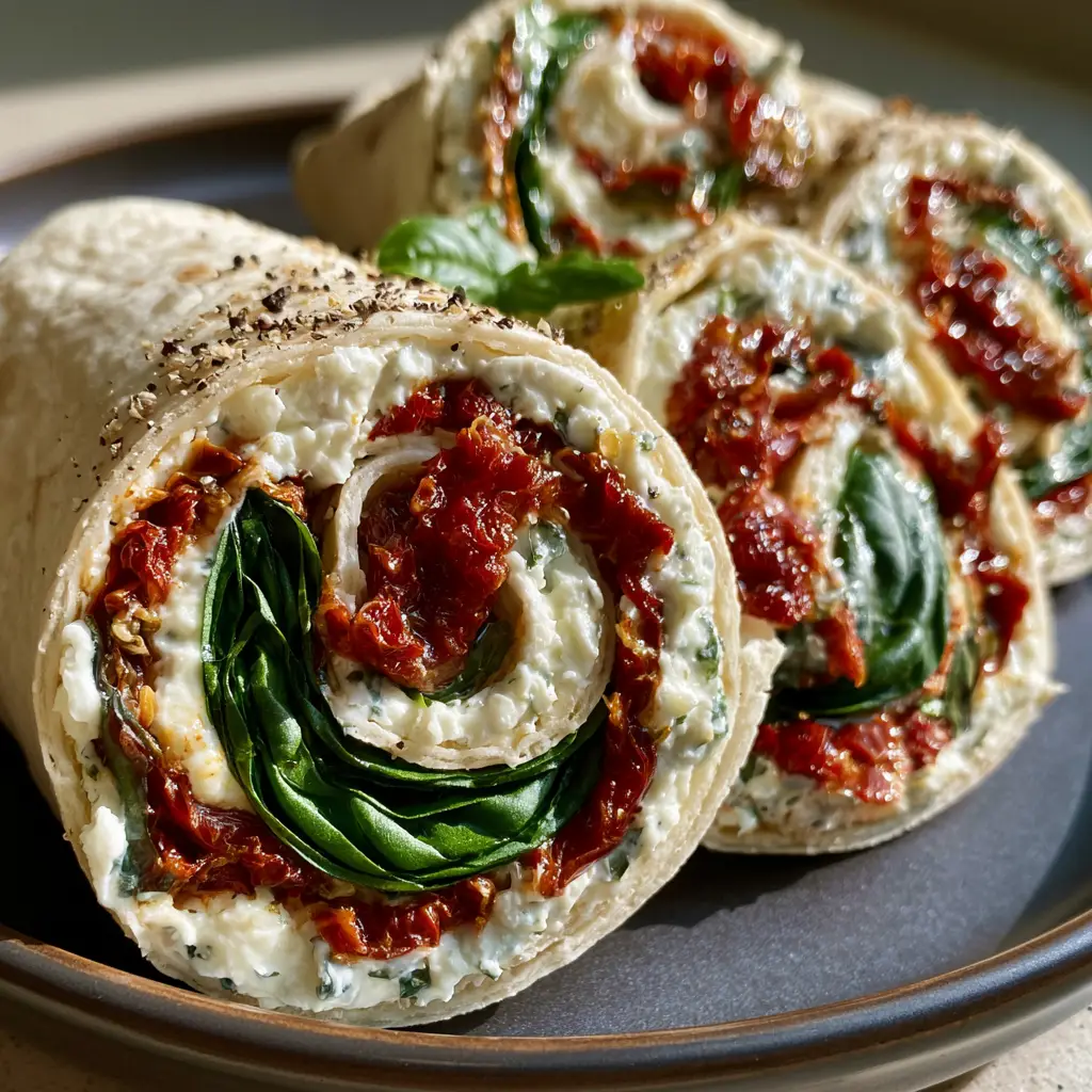 sun-dried tomato basil roll-ups: The Ultimate 10-Minute Appetizer 1 Close up of the creamy texture and oily sun-dried tomatoes in the sun-dried tomato basil roll-ups.