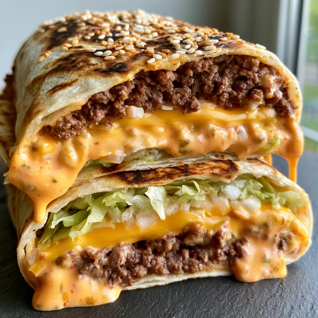 Big Mac Wraps with Crispy Tortillas and Secret Sauce 1 Handheld big mac wraps resting on a dark slate surface showing toasted white sesame seeds on top.