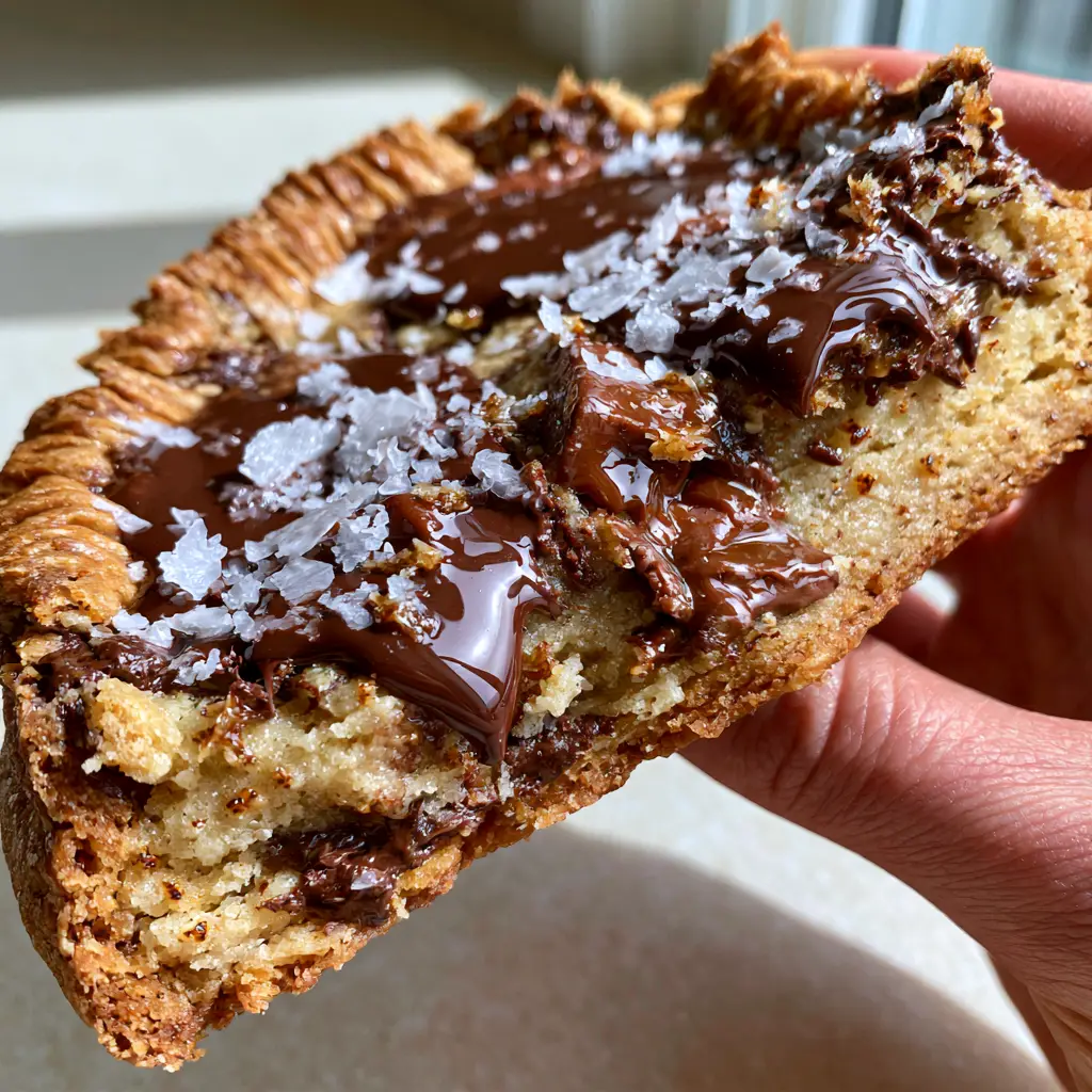 Close up of a crispy chewy chocolate chip cookie showing the golden brown rippled edges and glistening dark chocolate pools with sea salt.