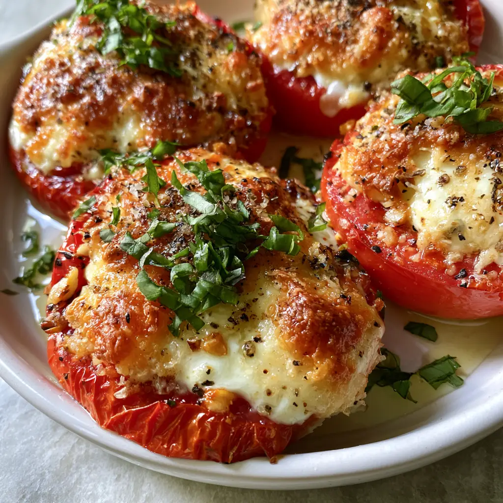 Close-up of blistered tomato skins glistening with olive oil and topped with fresh basil chiffonade. (Baked tomatoes with cheese)