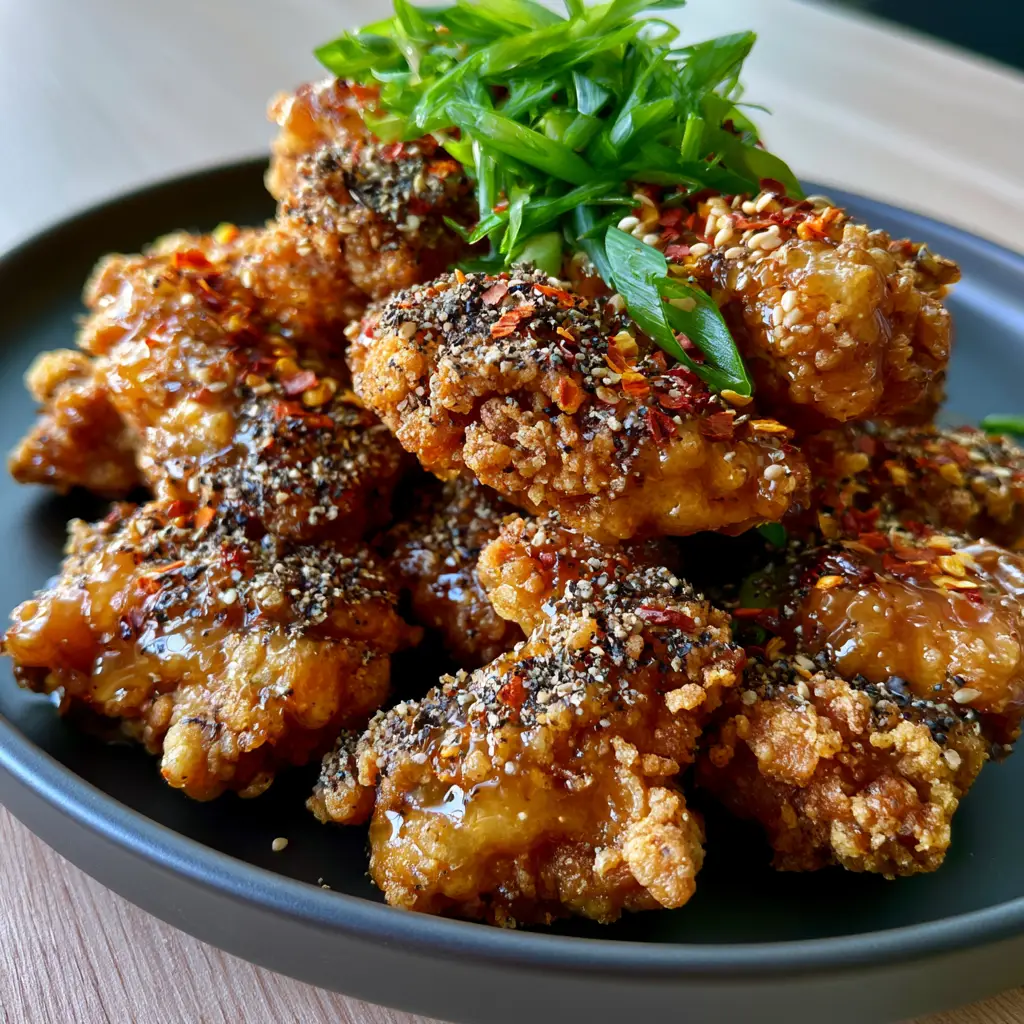 Detailed shot of glistening amber honey glaze on crispy chicken bites with green scallions.