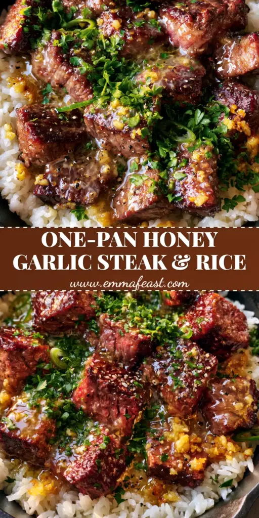 A black cast iron skillet filled with a bed of white jasmine rice topped with medium-rare honey garlic butter steak bites, garnished with parsley and scallions.