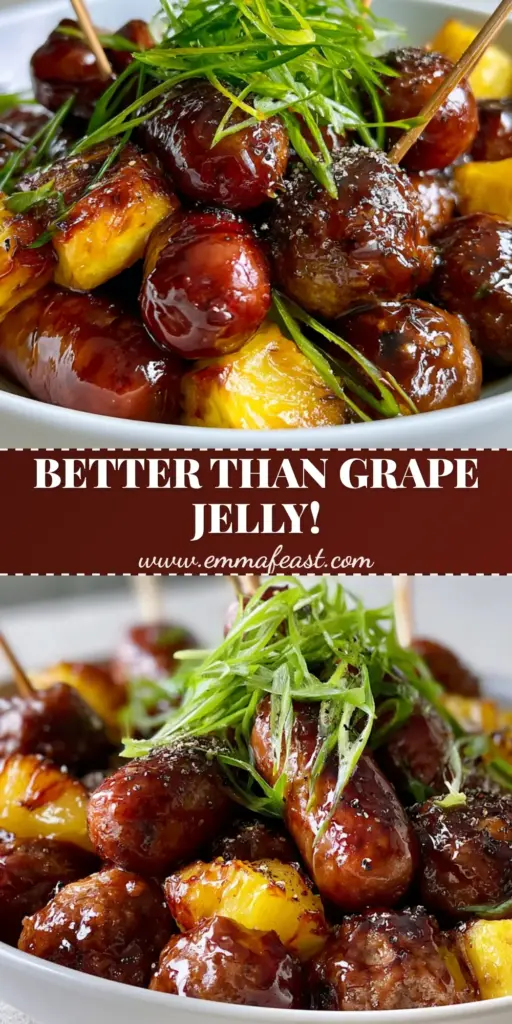 A close-up vertical shot of Slow Cooker Meatball Pineapple Smokies in a white bowl, featuring a glossy mahogany glaze and fresh green onion garnish.