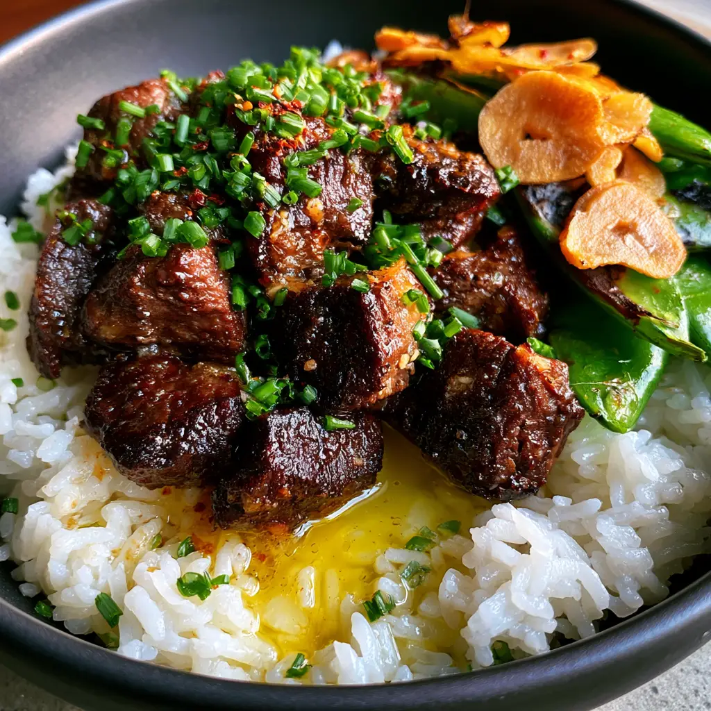 Slightly angled view of steak rice bowl in a charcoal matte stoneware bowl with steam rising from jasmine rice.