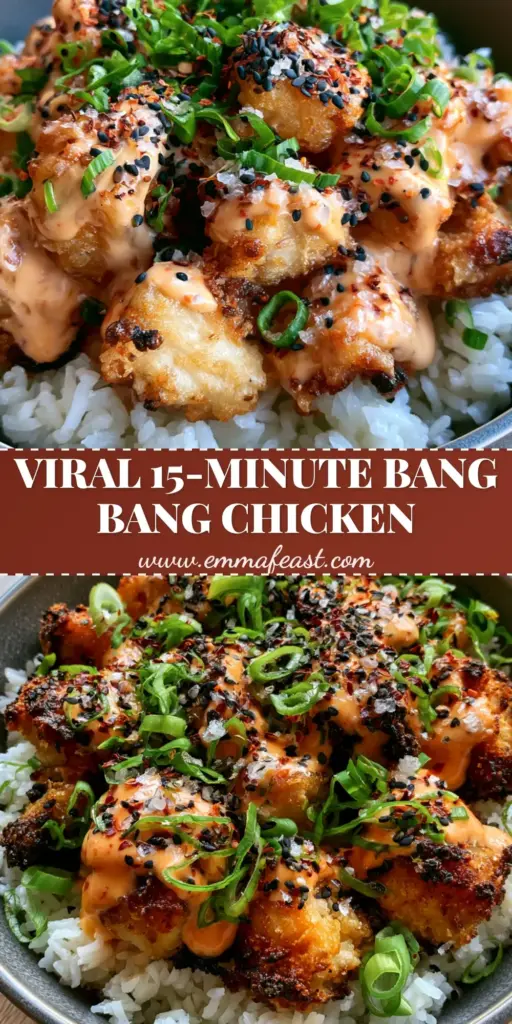 A handheld smartphone photo of a Bang Bang Chicken Bowl with crispy chicken, sriracha mayo, and green scallions over jasmine rice in a charcoal bowl.