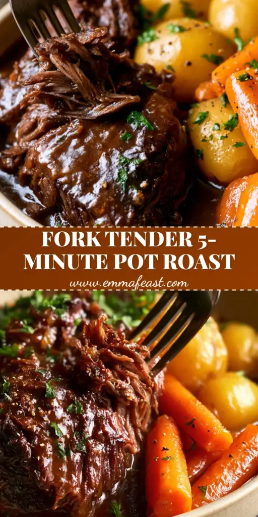A fork shredding tender beef in a succulent crock pot pot roast with thick glossy gravy, baby potatoes, and glazed carrots.