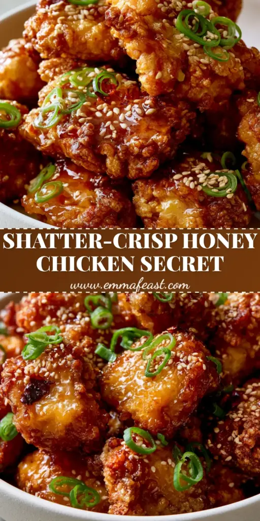 A close-up shot of crispy chinese honey chicken in a white bowl garnished with sesame seeds and scallions.