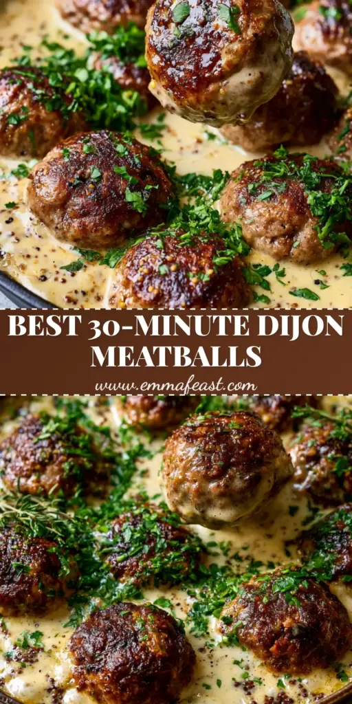 A top-down shot of juicy beef meatballs in a bubbling ivory Dijon cream sauce inside a cast iron skillet, garnished with fresh herbs. (meatballs in Dijon gravy)