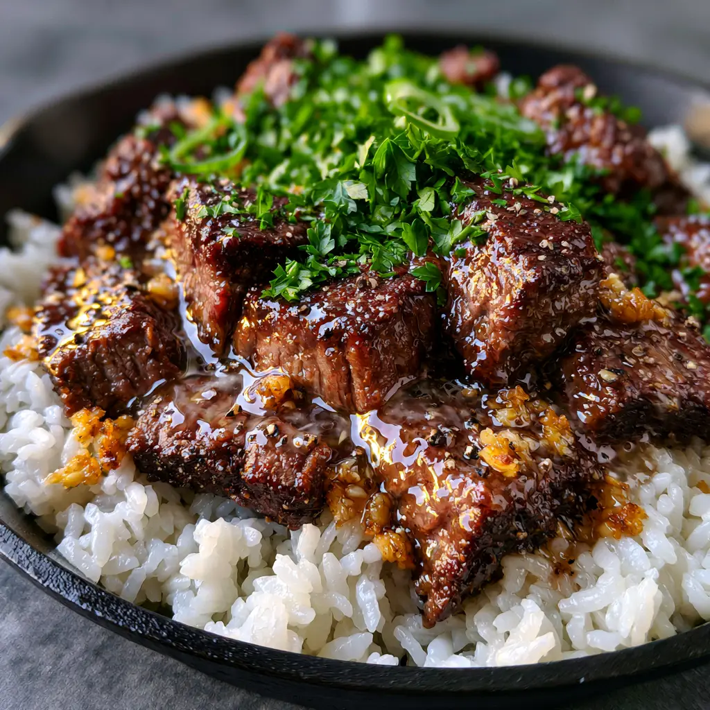 Steaming jasmine rice base in a cast iron skillet topped with juicy steak and fresh green herbs.