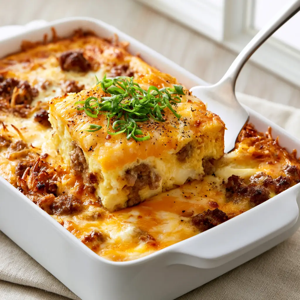 Overhead view of a hashbrown egg casserole in a white ceramic dish garnished with fresh green chives.