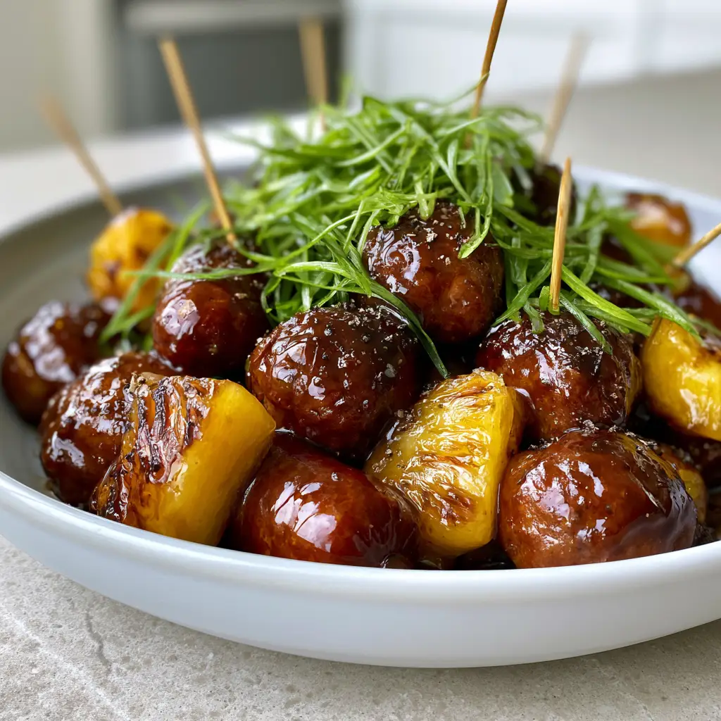 Overhead smartphone photo of cocktail sausages and meatballs with toothpicks and green onion garnish on a grey stone countertop.