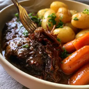 Macro shot of a fork pulling apart steaming beef chuck roast glistening with dark brown gravy (crock pot pot roast).