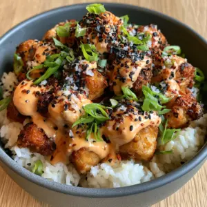 Close up shot of crispy air-fried chicken cubes drizzled with thick sriracha mayo in a Bang Bang Chicken Bowl.