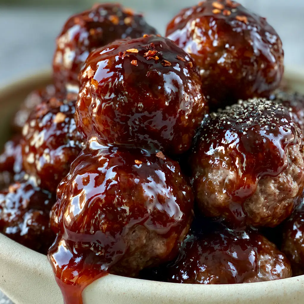 Juicy beef meatballs piled high with a thick BBQ coating and visible cracked black pepper dusting.