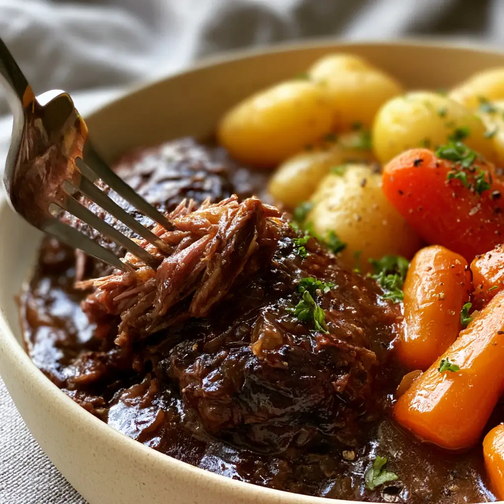 Plated crock pot pot roast in a rustic ceramic bowl with glazed carrots and baby yukon gold potatoes.
