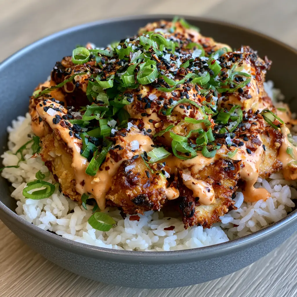High-angle view of a Bang Bang Chicken Bowl garnished with black sesame seeds and scallions on a light oak table.