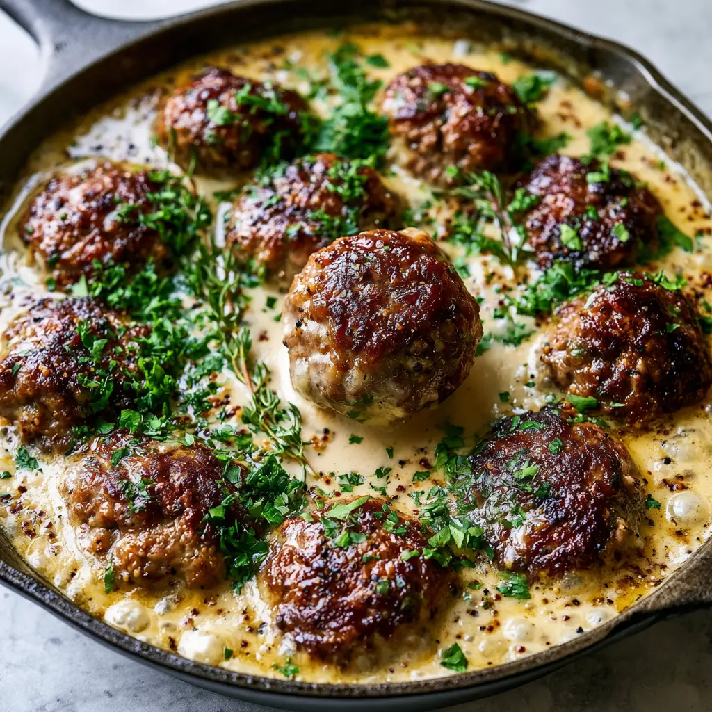 A rustic cast iron skillet filled with meatballs in Dijon gravy, showing the glistening sauce and bright green parsley garnish.
