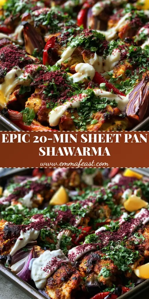 A dark metal sheet pan filled with charred chicken shawarma slices, blistered red onions, and red peppers, drizzled with white garlic sauce and sumac.