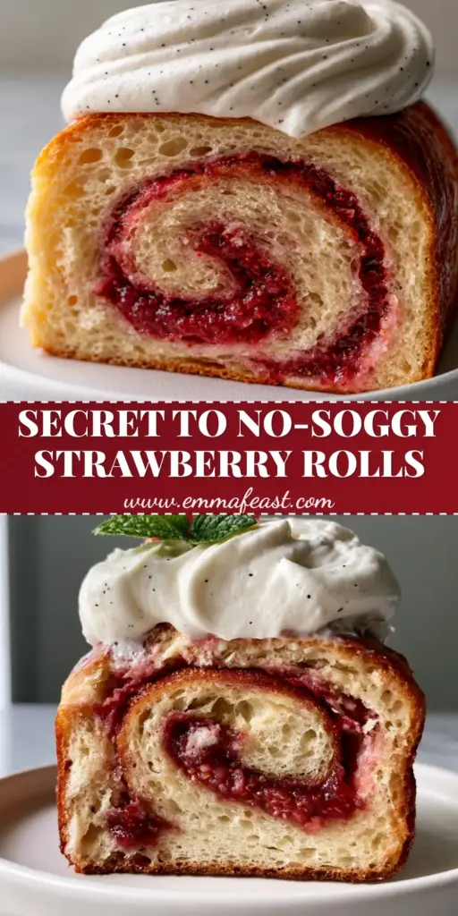 Tall and fluffy strawberry cheesecake sweet rolls sliced in half to show a perfect jammy spiral and thick matte white frosting on a marble counter. (strawberry cheesecake sweet rolls)