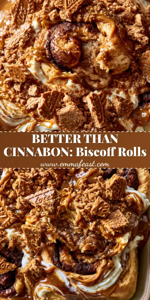 A close-up shot of Biscoff cookie butter cinnamon rolls in a ceramic pan with melting frosting and crushed cookies.