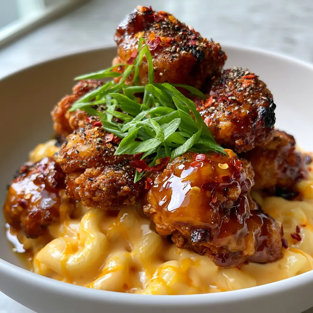 Creamy cavatappi pasta in a pale orange sharp cheddar cheese sauce topped with glistening honey chicken and scallions.
