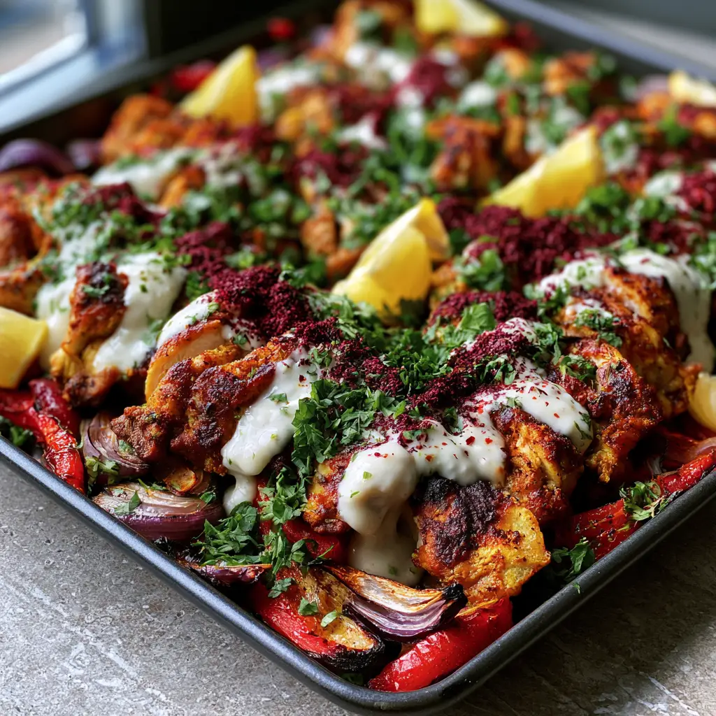 A top-down view of chicken shawarma featuring blistered red onion wedges and thick white garlic sauce zig-zags.