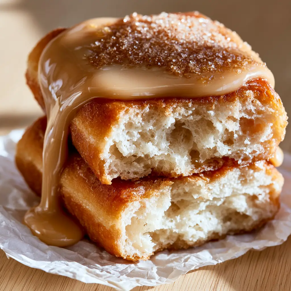 Close up of the glossy tan maple glaze and maple sugar crystals on top of the bars.
