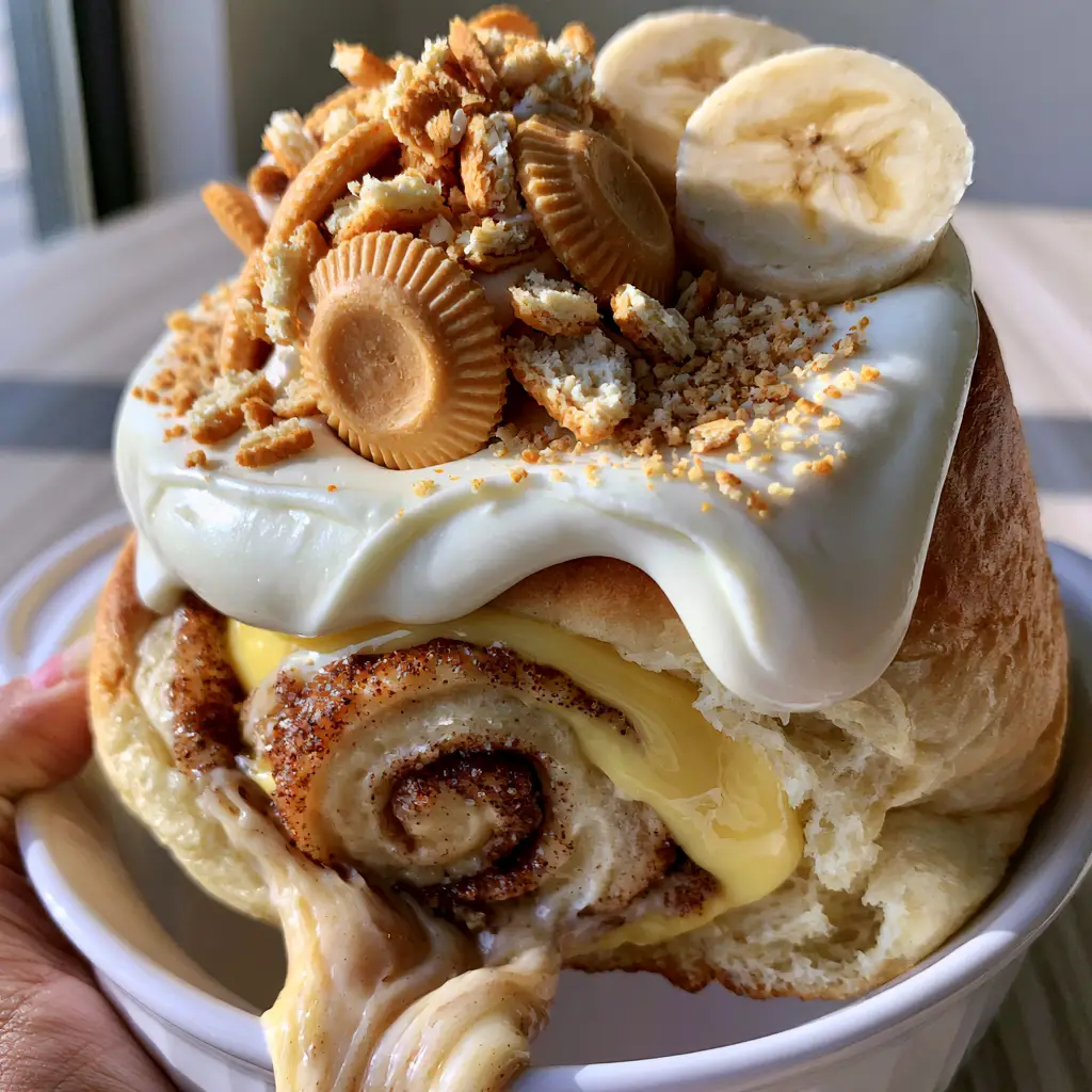A handheld smartphone photo showing a gooey banana pudding cinnamon roll being lifted, revealing a thick dough stretch and vanilla pudding filling. (banana pudding cinnamon rolls)