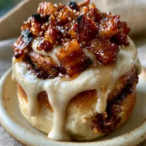 Extreme macro close-up of a Bourbon Maple Bacon Cinnamon Roll with glossy amber bourbon glaze and charred bacon edges.