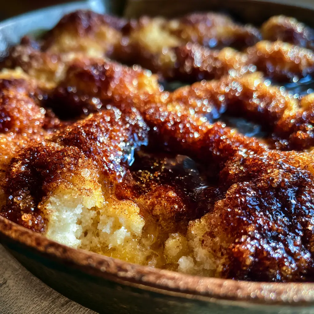 Freshly baked Amish Cinnamon Flop in a cast iron skillet with coarse sugar granules and steam wisps rising.