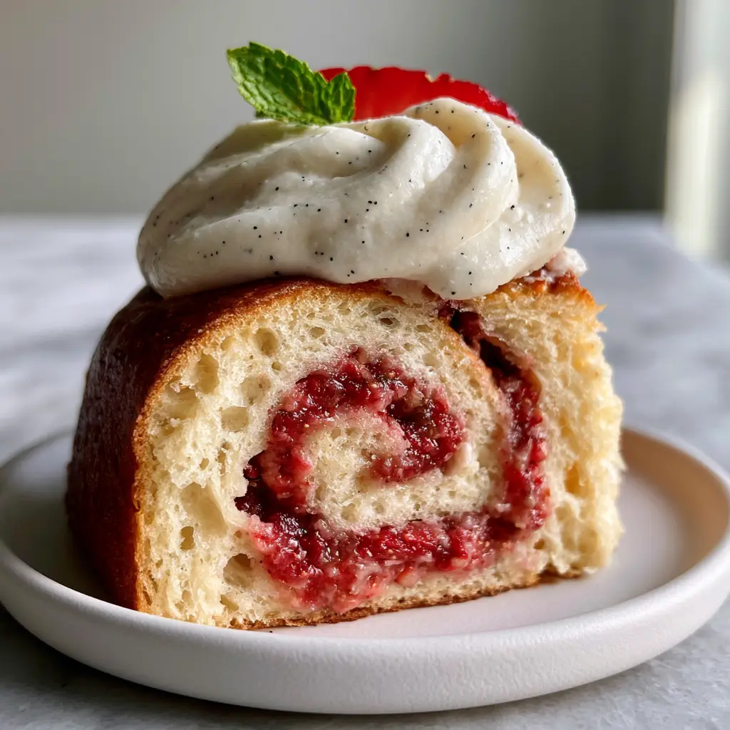 Overhead view of a strawberry cheesecake sweet roll showing the dense ruby-red strawberry reduction and matte cream cheese frosting.