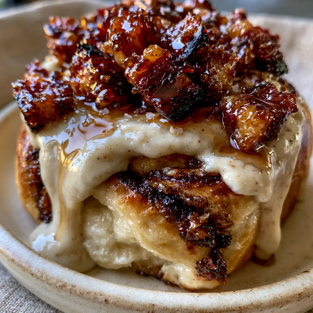 Close-up of the cinnamon brown sugar swirl inside a soft brioche Bourbon Maple Bacon Cinnamon Roll.
