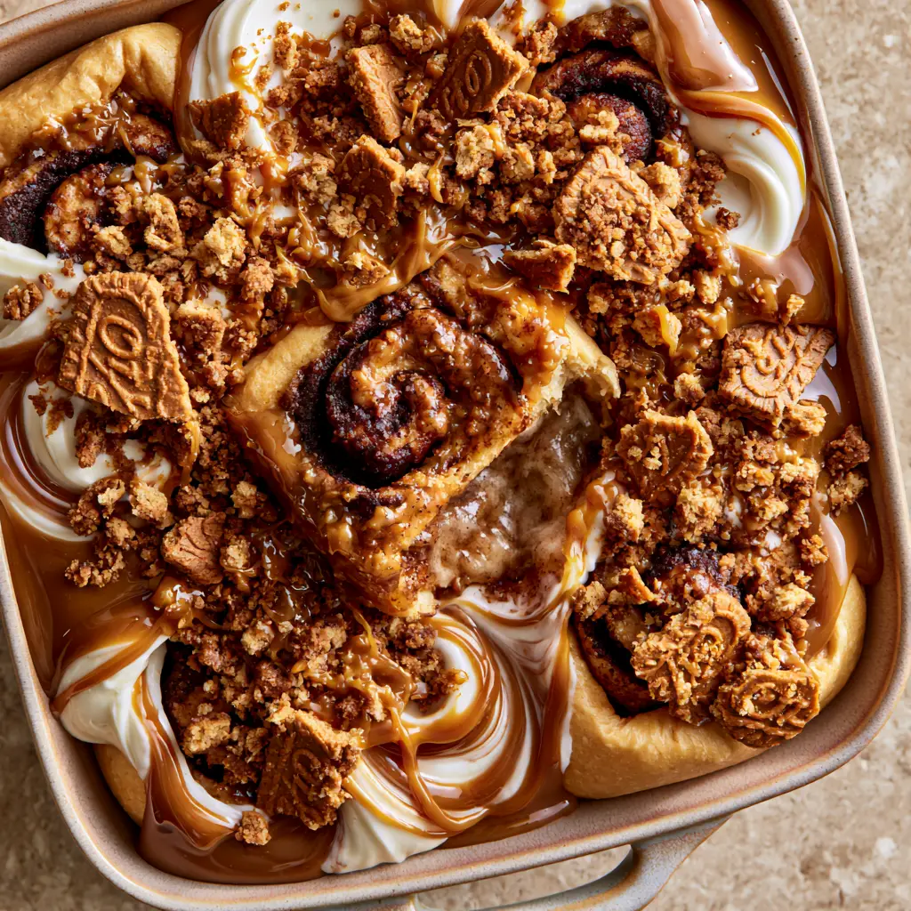 Gooey interior of a Biscoff cookie butter cinnamon roll being pulled apart.