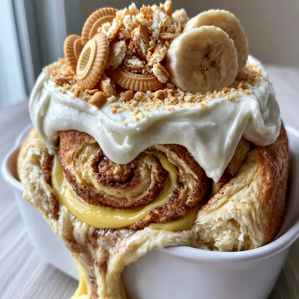 Detailed view of the spirals in a banana pudding cinnamon roll with cinnamon sugar and yellow vanilla pudding layers.