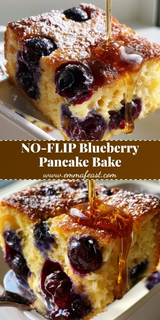 A thick square slice of golden-brown blueberry buttermilk pancake casserole being lifted from a ceramic dish with maple syrup drizzle.