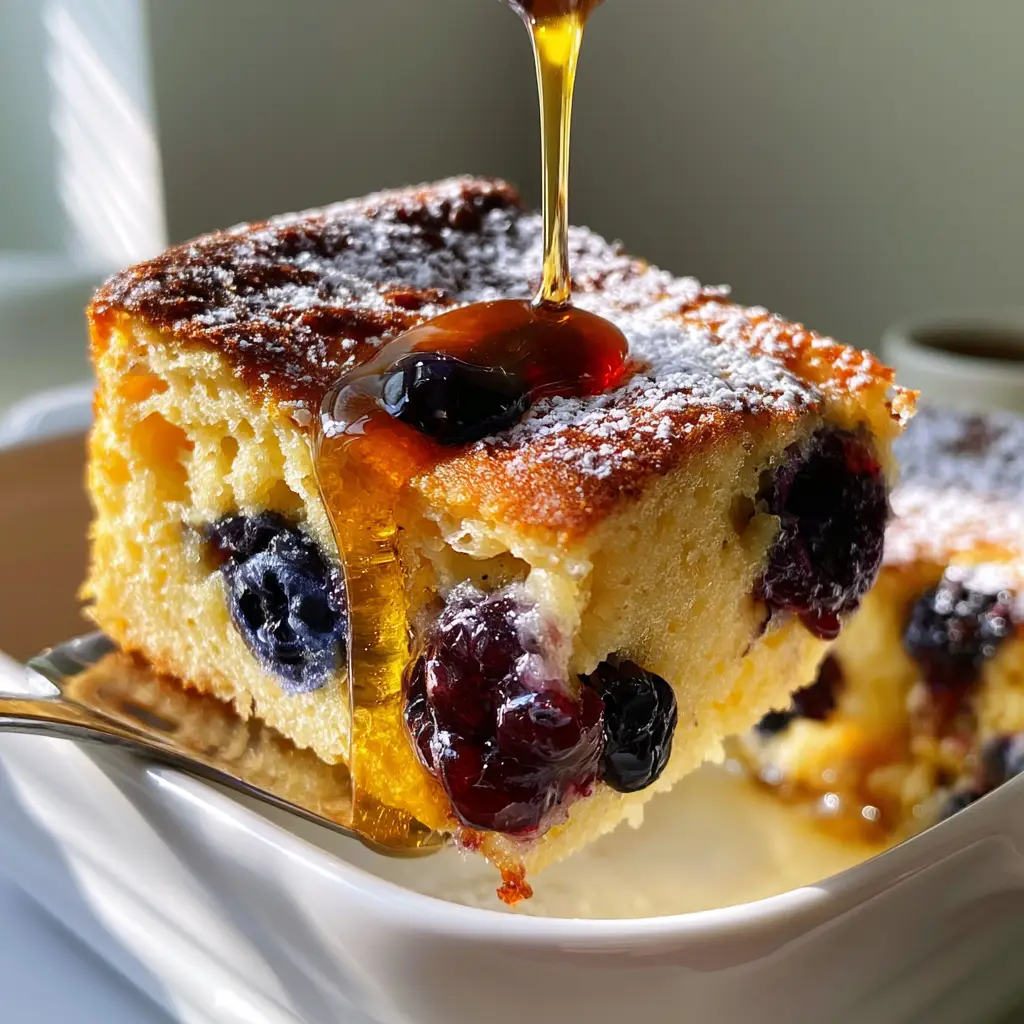 Maple syrup being poured over a golden-brown blueberry buttermilk pancake casserole in a white ceramic dish.