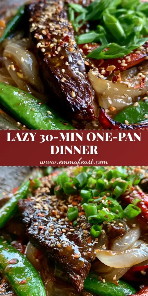 A close-up vertical shot of a sizzling cast iron skillet containing honey garlic steak, snap peas, and charred peppers. (Simple and tasty recipe)
