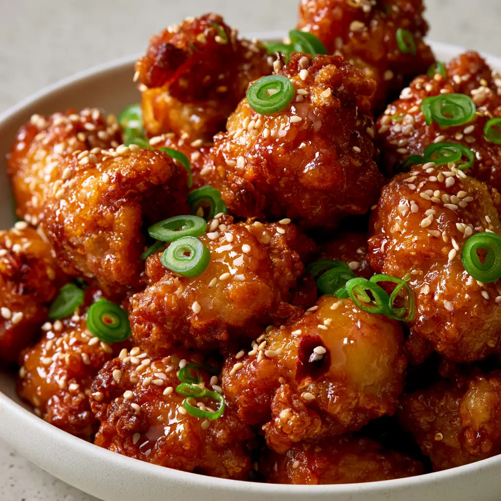 Top-down view of honey chicken pieces coated in translucent amber sauce with red pepper flakes and sliced green scallions.