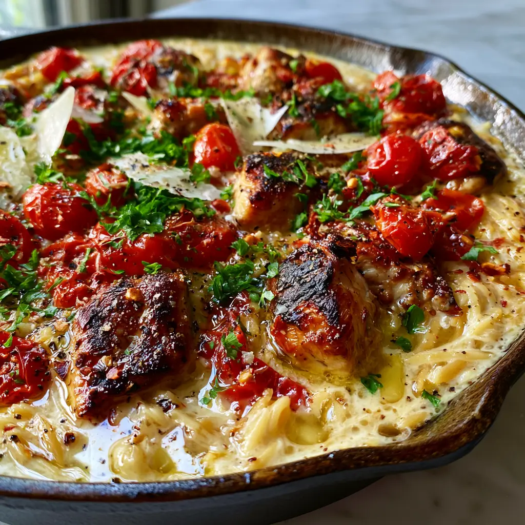 Blistered cherry tomatoes and shaved parmesan over creamy orzo pasta.