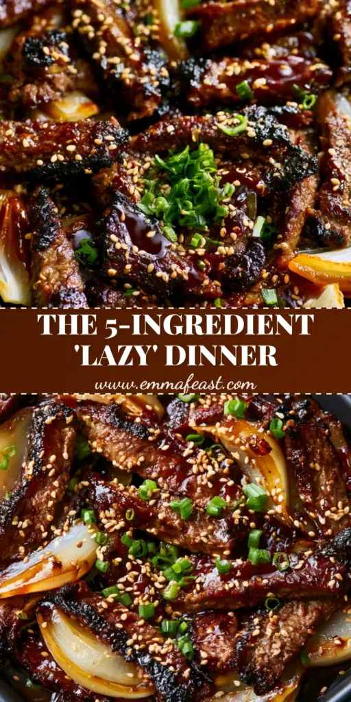 A top-down macro shot of a black sheet pan with glistening seared beef strips, caramelized onions, and green scallions. (easy recipe)